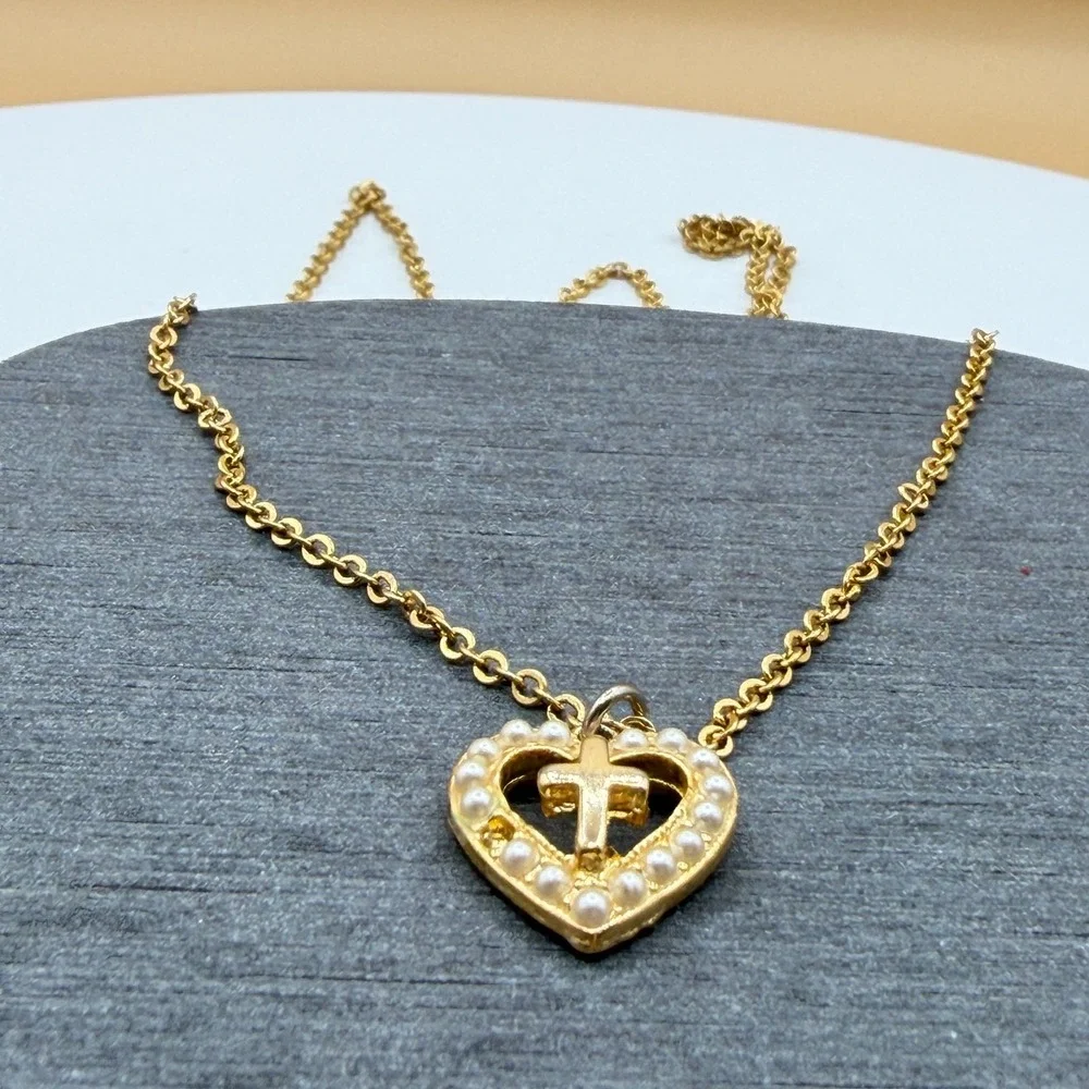 Gold Tone Faux Pearl Heart Cross Pendant Necklace Christian Faith Romantic Gift